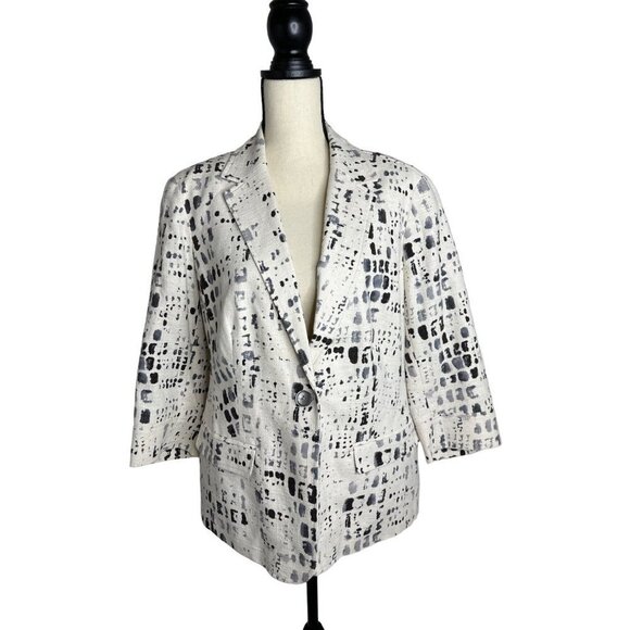Coldwater Creek Blazer White Linen Cotton Black Pattern Button Front Lined 16 - Picture 2 of 9